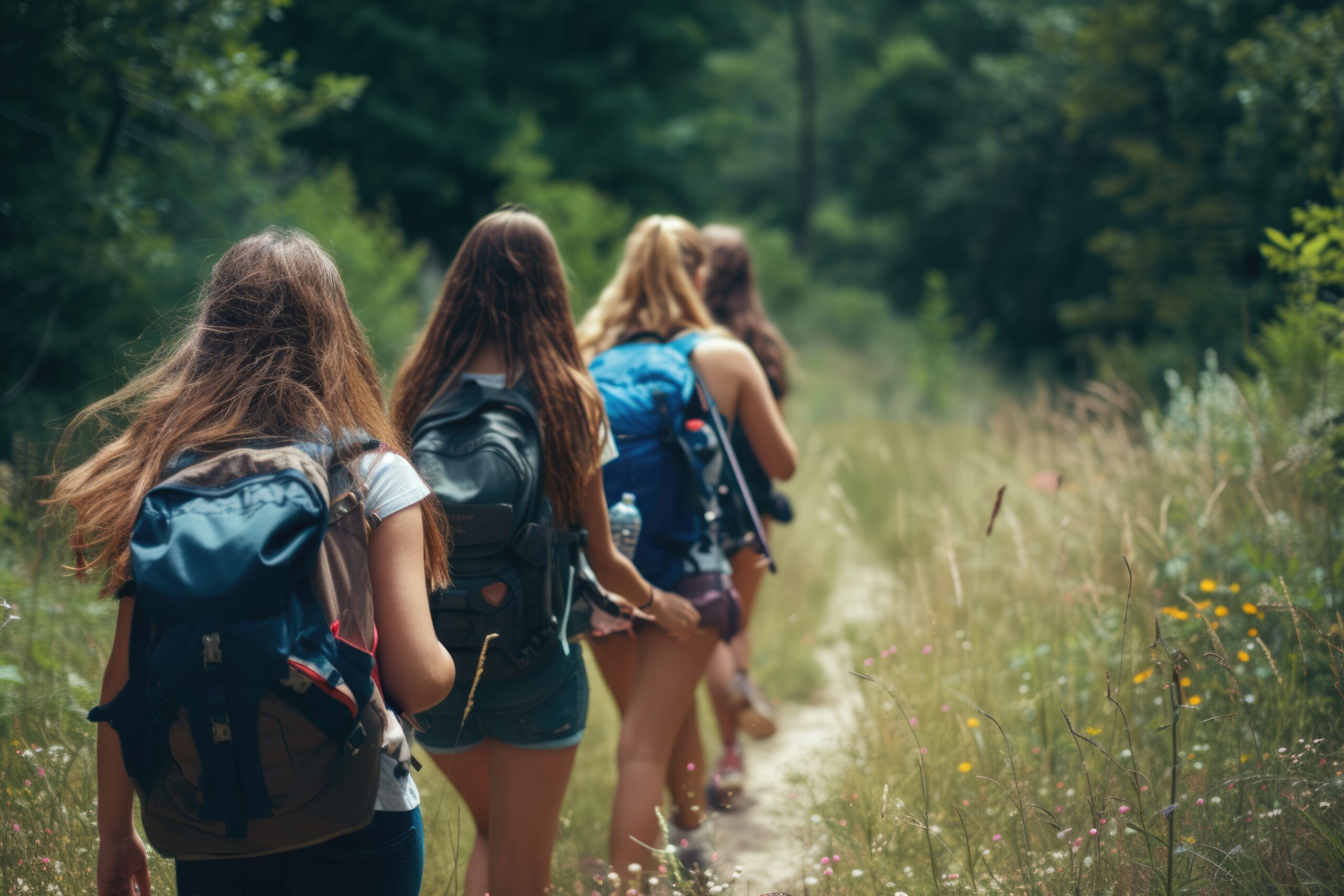 Group of teens hiking through a forest trail